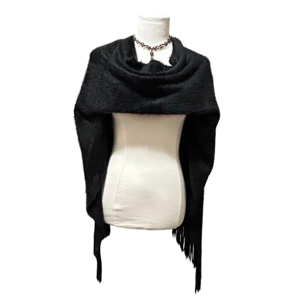 Poncho Cape Shawl Wrap Black Faux Fur Fringe One Size Soft Boho Festival